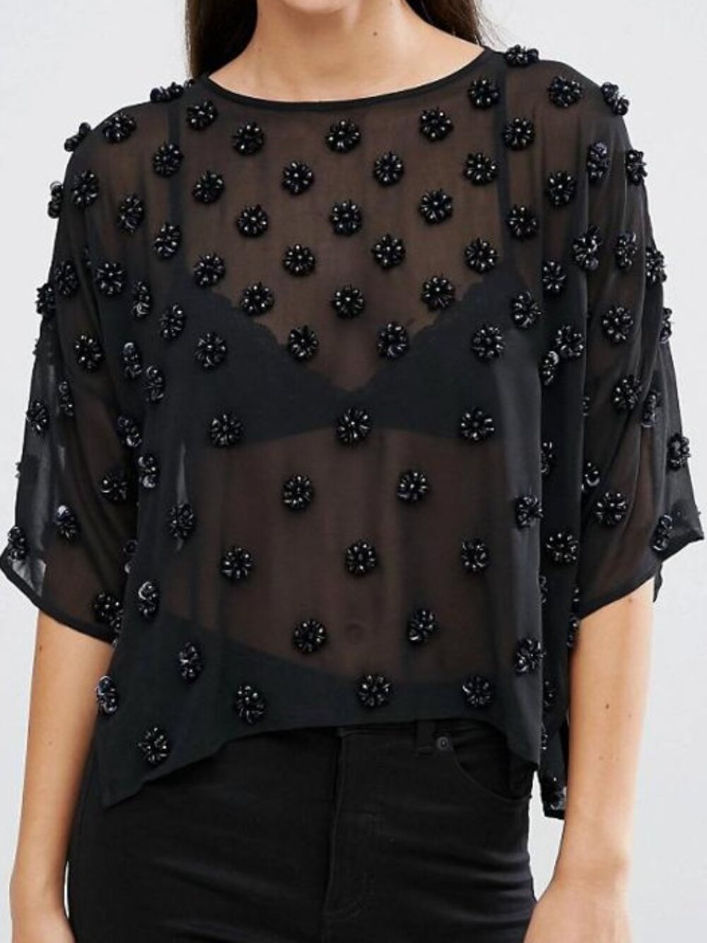 NEW ASOS Beaded Sheer Black Top Sz 8